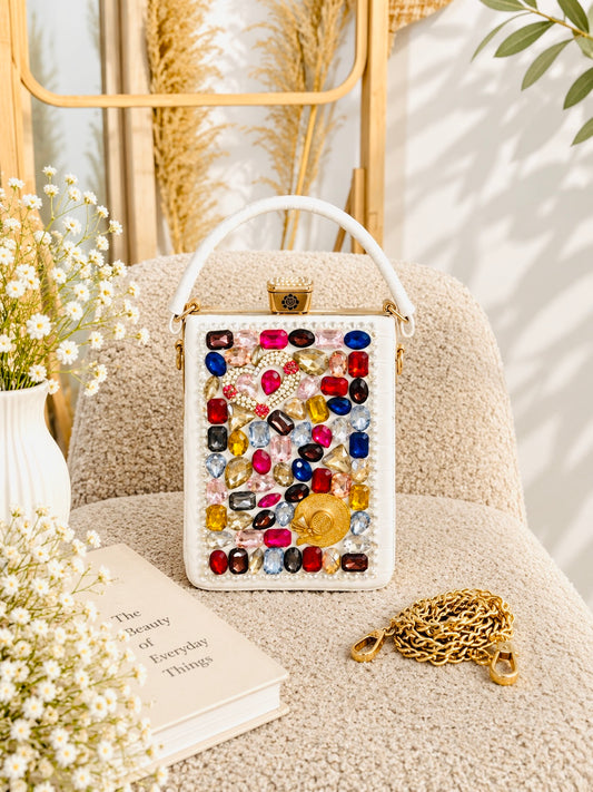 #9 Embellished Box Handbag with Chain Strap (White)