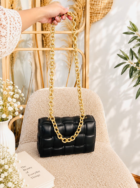 #7 Woven Double-Chain Shoulder Bag ( Black )